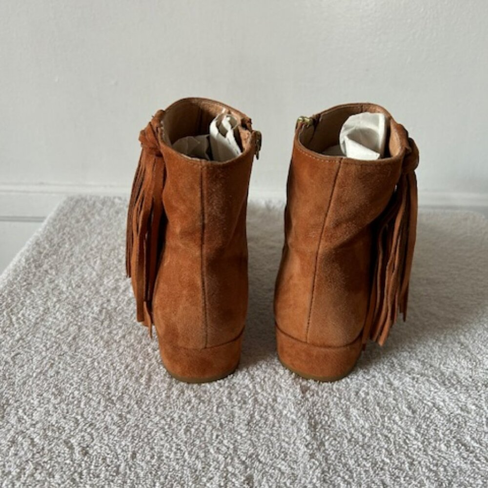 Free People Spring In Paris Boots Women's Size 6.5 Tan Suede Fringe Square Toe - Picture 2 of 8
